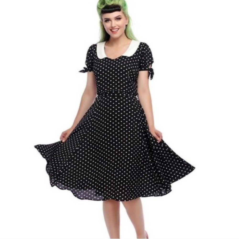 Collectif Mirabelle Black Polka Dot Dress with White Collar